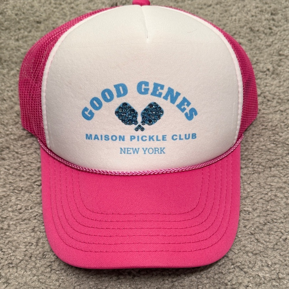 Pink and White Pickleball Trucker Hat with Blue Logo